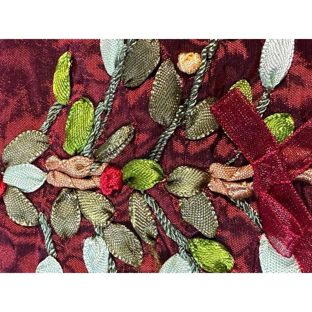 Holiday Christmas Tree Embroidered Table Cloth Shimmery‎ Silky Red Green Trim